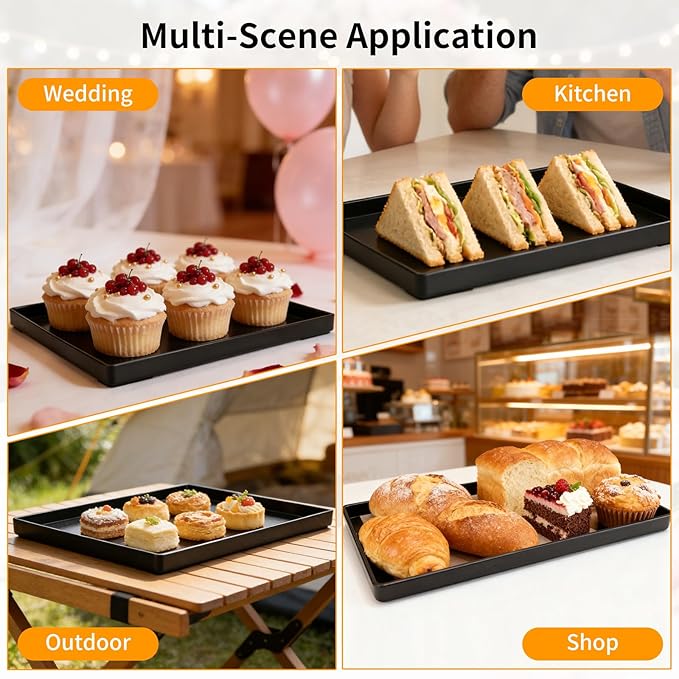 Plastic Serving Tray for Party Supplies Serving Platter for Food Reusable Platters for Catering Snack Fruit Charcuterie Appetizer Hosting Essentials (3pcs Black, 13.8 ×9.8 in)