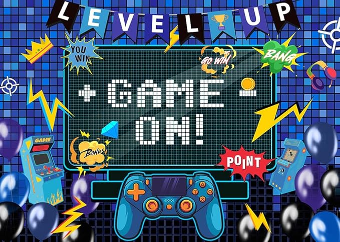 Mocsicka Video Game Birthday Backdrop Game on Happy Birthday Party Decorations Level up Party Background for Photography Wall Decorations Supplies (Game on, 5x3ft(60"x36"))