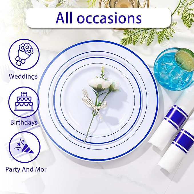 WELLIFE 350 Pcs Blue Plastic Plates for 50 Guests - Plastic Dinnerware Set,Party Supplies Includes 100 blue plates,150 Silverware,50 Napkins,50 Cups,Blue and White Plates