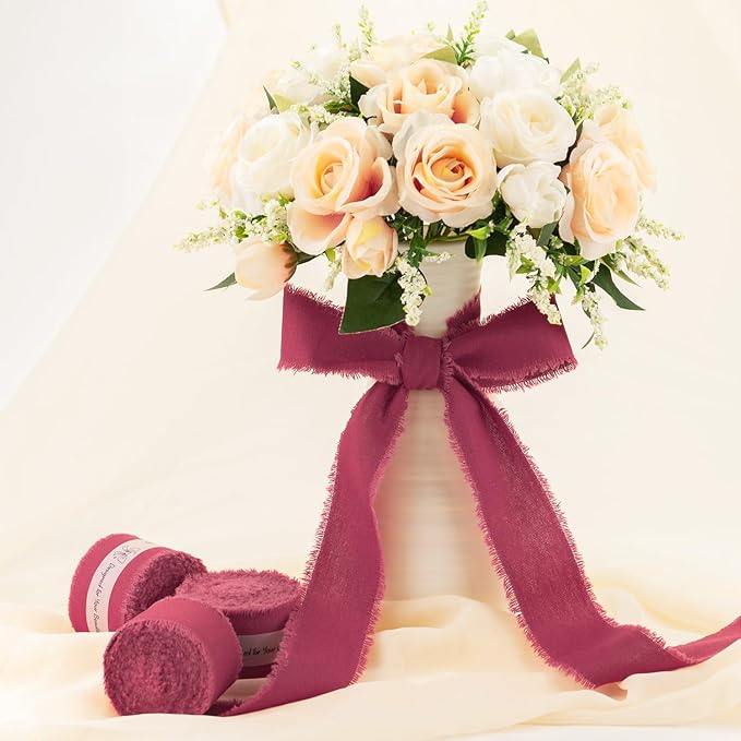 Burgundy Cotton Ribbon 1-1/2 Inch Burgundy 3 Rolls 21 Yards Frayed Edge Fabric Set for Wedding Decor, Bridal Bouquet Wrap, Anniversary Celebration, Gift Wrapping & Christmas Decor
