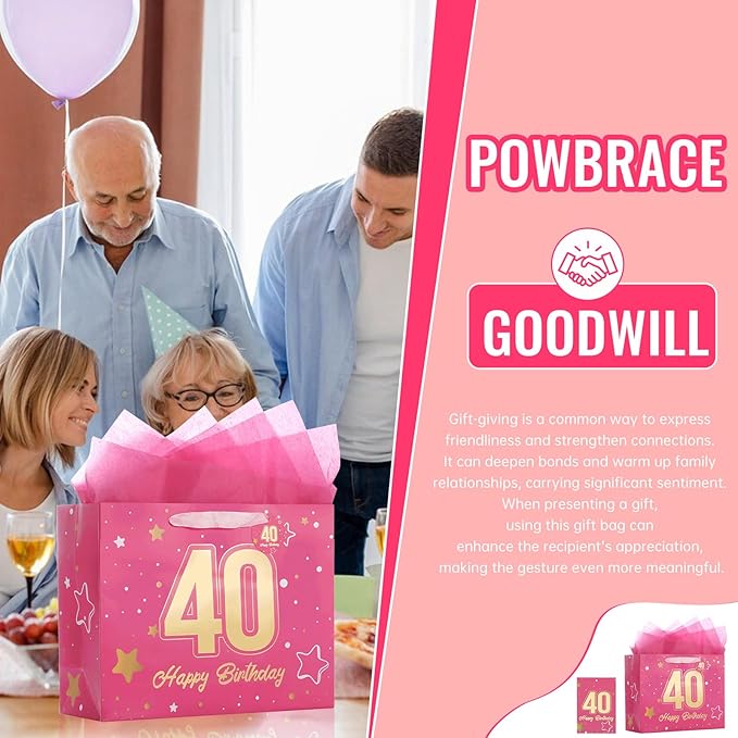 Powbrace 13" Pink 40th Birthday Gift Bag with Tissue Paper and Greeting Card for Party,Happy Birthday Gift Bag for Men Women,Gift Bags Medium size(1 Pink 40th)