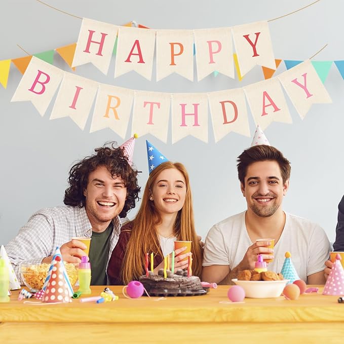 Doumeny Happy Birthday Burlap Banner Boho Birthday Garland Bunting Ombre Pink Bohemian Party Garland Banner Multicolor Happy Birthday Sign Flag Birthdays Hanging Bunting for Home Wall Mantel Fireplace