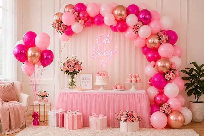 Hot Pink Balloons 60 Pack – Pink Chrome Balloons, Fuchsia, Rose Gold & White 12 Inch Latex Balloons for Balloon Garland Arch, Pink Birthday Decorations, Baby Shower Girl, Bridal Shower