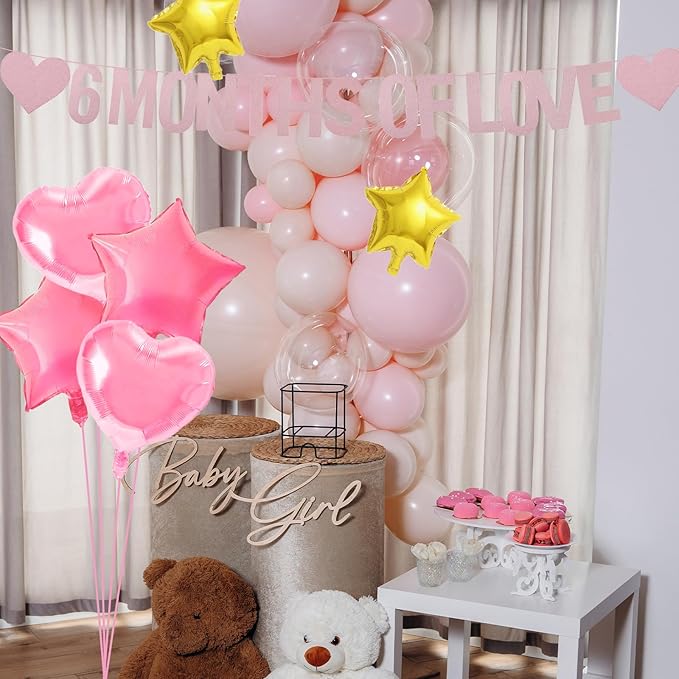 6 MONTHS OF LOVE Banner with Heart Foil Balloons and Star Balloons, Half Birthday and 6 Month Anniversary Decorations for Baby Shower, First Birthday, Couple Celebration, and Romantic Love Party Decor