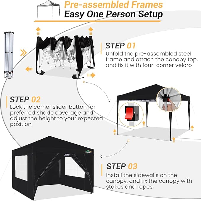 COBIZI 10x10 Pop Up Canopy Tent, One Push Outdoor Gazebo with 4 Removable Sidewalls & Air Vent, Waterproof Commercial Easy Up Adjustable Canopy with 4 Sandbags, 4 Stakes & 8 Ropes for Party,Black
