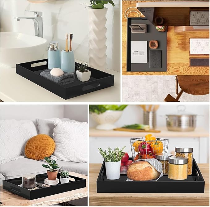 Sturdy 16" Acrylic Serving Tray with Handles - Ottoman Coffee Table Organizer for Food, Tea, Snacks, Vanity & Kitchen Countertop - Multi-Use for Bathroom, Living Room, Bar Parties (Black)