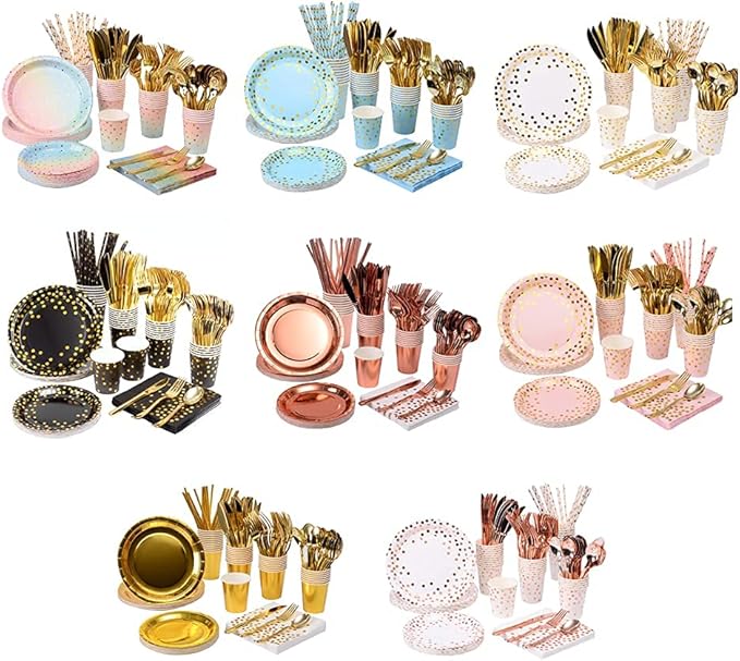 200Pcs Rose Gold Party Supplies - Rose Gold Dot on White Paper Plates and Napkins Cups Silverware Serves 25 Sets for Wedding Bridal Shower Engagement Birthday Parties.(Rose gold dot)