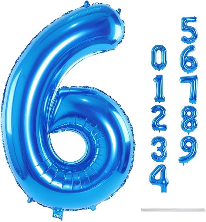 40 Inch Blue Large Numbers Balloons 0-9, Self Inflating Foil Number 6 Helium Balloons for 6th Boys, Big Digit 6 Balloons for Men 16th 60th Birthday Party Anniversary Graduation Supplies Decorations