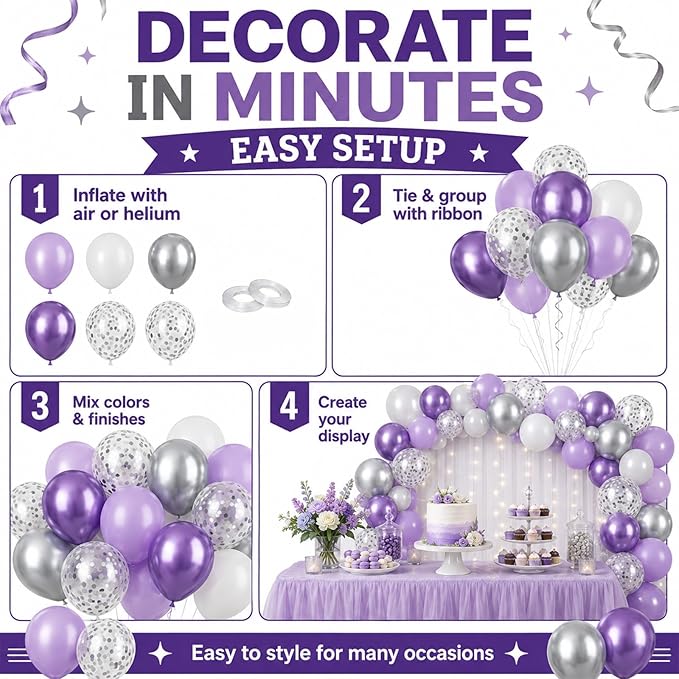 Purple and Silver Balloons 60PCS Pastel Purple Balloons, 12 Inch Metallic Silver Confetti and White Latex Balloon for Girls Women Birthday Wedding Baby Shower Bridal Shower Graduation Party Decor