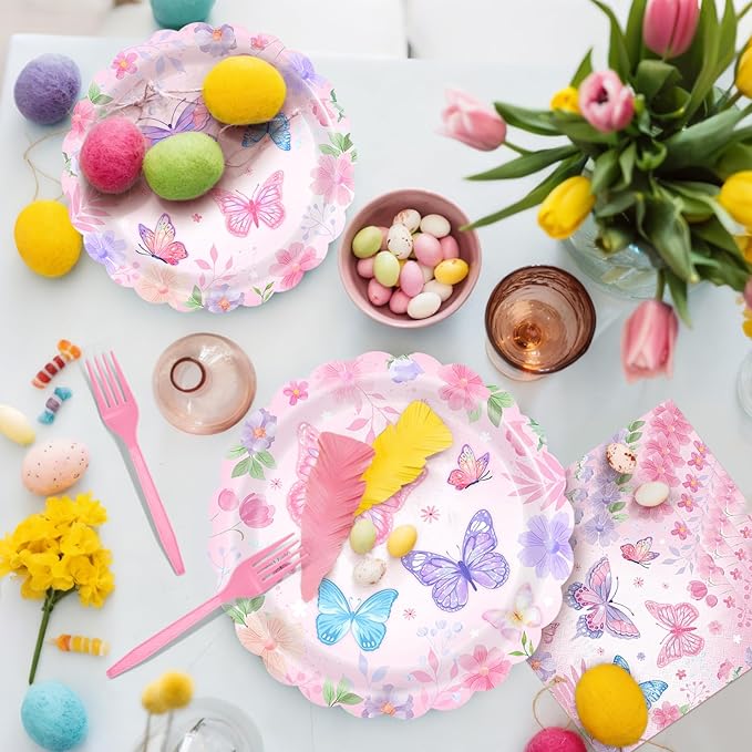 96 Pieces Butterfly Floral Tableware Set – Scalloped Edge Garden Flower Disposable Plates, Napkins, and Forks for Spring Birthday, Baby Shower, Tea Party, Mother’s Day Celebrations – Serves 24 Guests