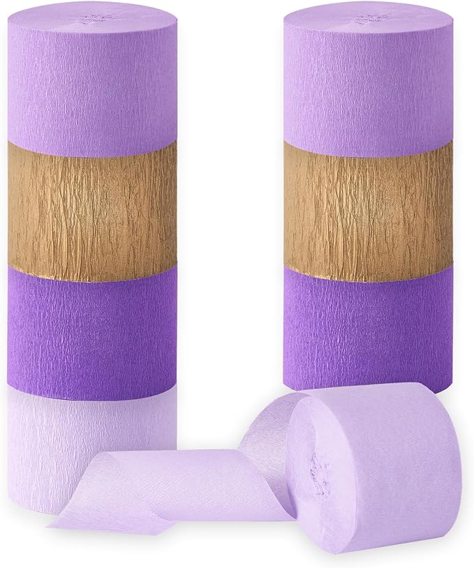 Purple Gold Party Decorations, 8 Rolls Purple Gold Crepe Paper Streamers, for Birthday Anniversary Bridal Shower Wedding Lavender Graduation Mardi Gras Decorations, 1.8 Inch x 82 Ft/Roll