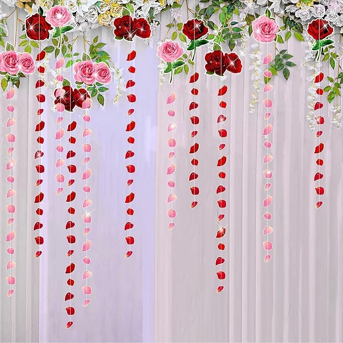 Cheerland Red Pink Rose Garland Flower Roses Petal Streamers Paper Love Banner for Floral Romantic Wedding Engagement Anniversary Bridal Shower Birthday Hanging Mothers Day Party Decorations 12pcs