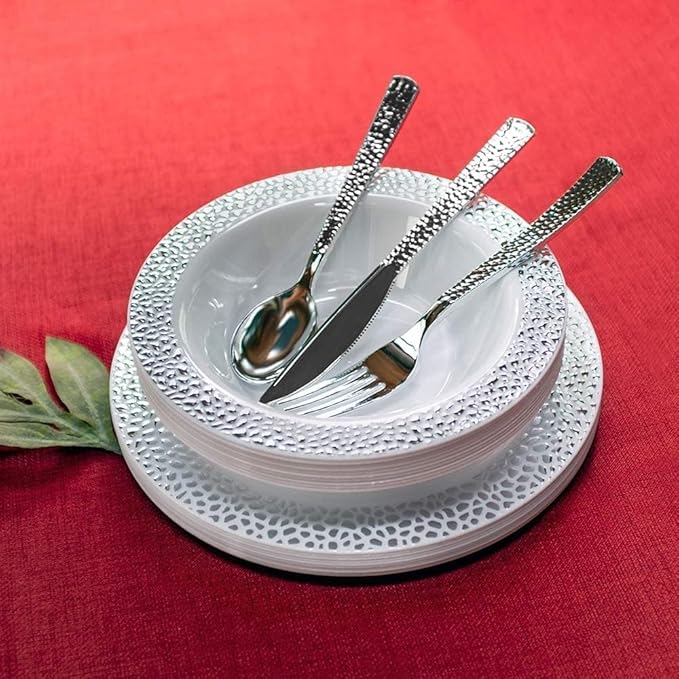 960 Piece Silver Plastic Silverware, Extra Heavyweight Disposable Cutlery Set, Full Size Silver Pebbled Flatware Combo, 480 Forks 240 Spoons 240 Knives, Bulk Party & Wedding Utensils