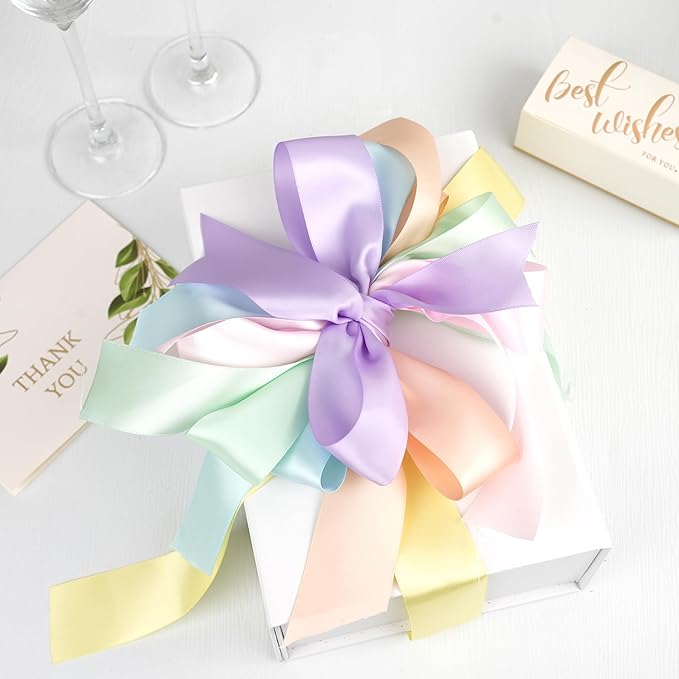 Pastel Ribbon Assortment 1.5 Inch Double Face Satin Ribbon, 6 Rolls 30 Yards Rainbow Colored Ribbon for Garland, Baby Shower, Birthday Party, Wedding, Easter, Christmas, Gift Wrapping