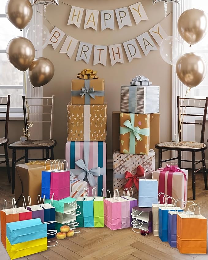 qiqee 24 Colors Small Gift Bag with Handles Bulk 24PCS Paper Party Bags 8.3"x6"x3" Multiple Uses (Small Size)