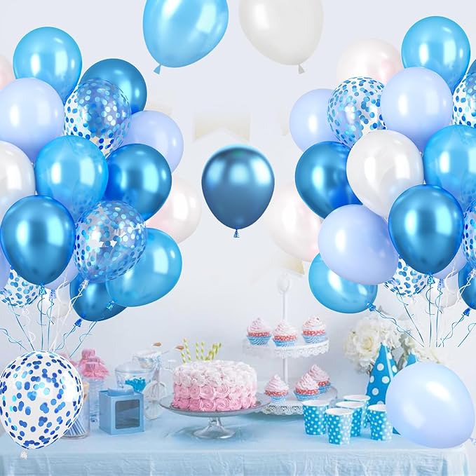 Paready Blue Balloons Set, 60 Pcs 12 Inch Pearl Blue Balloons Metallic Blue Macaron Balloon, Baby Blue Confetti Party Balloon for Baby Shower Birthday Wedding Bridal Shower Decorations