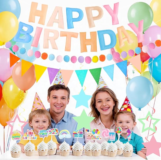 43PCS Pre-Strung 3D Felt Happy Birthday Banner, Macaron Color Happy Birthday Fabric Banner Felt Pom Garland Triangle Fabric Happy Birthday Banner for Handmade Felt Reusable Birthday Banner Supplies