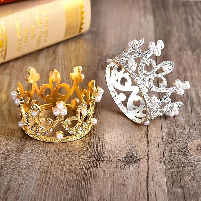 2 Pcs Mini Princess Pearl Crown Tiara Cake Cupcake Toppers Cake Decoration for Baby Shower Birthday Princess Party Bridal Wedding(Gold)