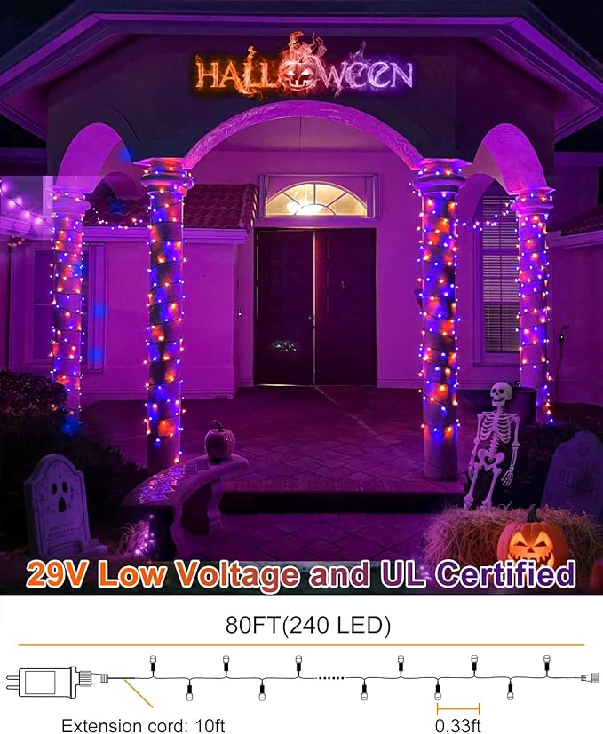 Orange and Purple String Lights Outdoor, 80FT 240 LED Plug in String Lights for Outside Waterproof, 8 Modes Connectable Green Wire Fairy Twinkle Light for Indoor Home Garden Xmas Holiday Decorations