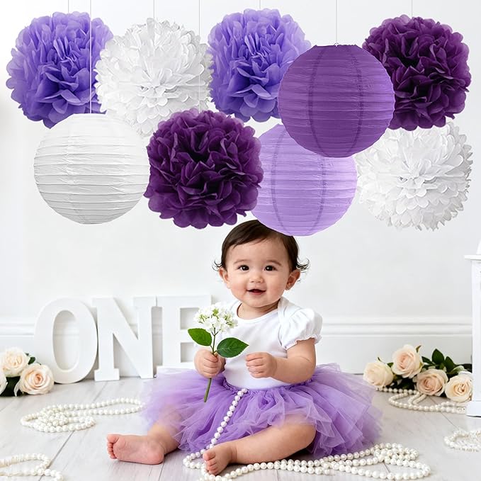 BEISHIDA Purple White Tissue Hanging Paper Flowers Lanterns Party Decorations Set for Birthday Graduation Baby Shower Bridal Bachelorette Wedding Photo Booth Backdrops Party Supplies(18 Packs)