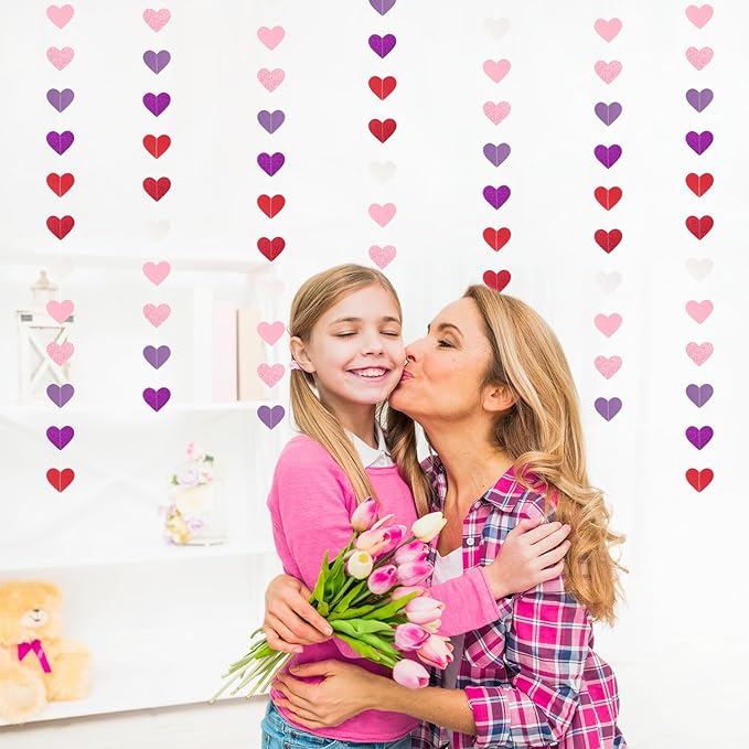 Hot-Pink Purple-Red Valentines Party-Decorations Heart-Garland - 62ft Women Girl Streamers Banner,Mothers Day Birthday Bachelorette Engagement Bridal Baby Shower Backdrop Decor Supplies Burgleda