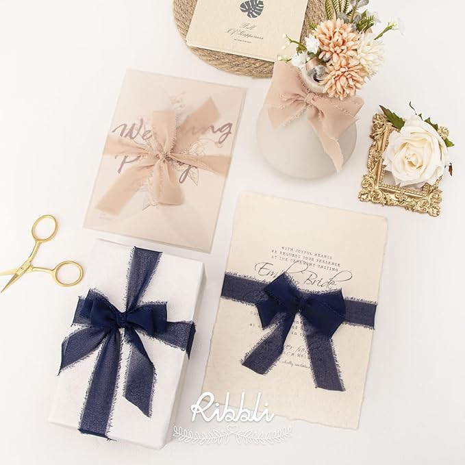 Ribbli Navy Ribbon 1 Inch x 3 Rolls Total 24 Yards Handmade Fringe Chiffon Silk Ribbon for Wrapping Wedding Invitations Bridal Bouquets DIY Crafts Home Decor