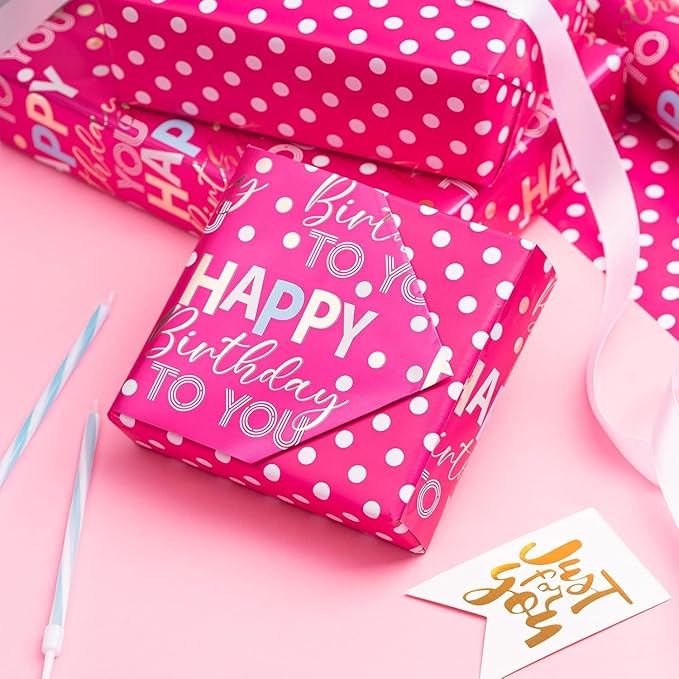 MAYPLUSS Reversible Birthday Wrapping Paper Roll 17In x 16.5FT Rose Red Happy Birthday Letter Glitter Metallic Foil (23.4 sqft) for Boys Girls Kids Women Holiday Party Baby Shower