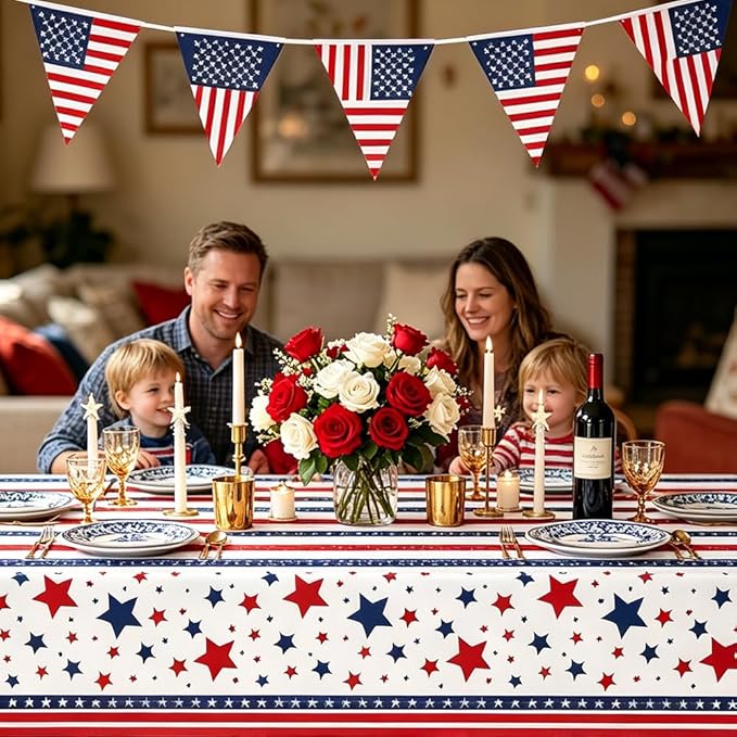 2Pcs Patriotic Tablecloths,4th of July Decorations,Red White Blue Star 54x108 inches Disposable Plastic Tablecloths for 4th of July Memorial Day Patriotic Theme Party Decoration