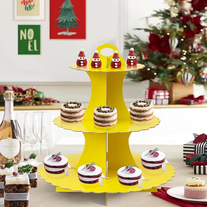 Soleebee 3-Tier Cupcake Stand, Cardboard Cupcake Tower, Dessert Cup Cake Stand Tower for Birthday Wedding Party Decoration, Cupcake Tier Stand 1 Set (Yellow)