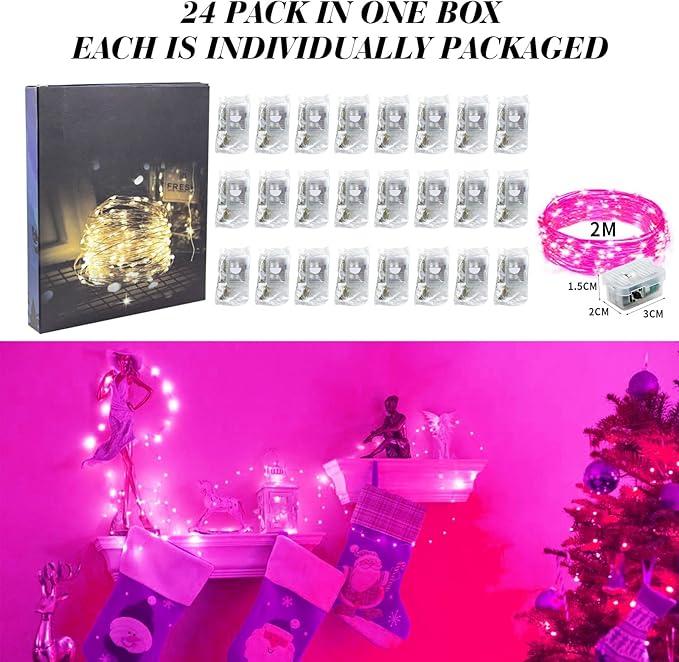 ZGWJ 24 Pack Fairy Lights Battery Operated, 7FT 20LED Mini Fairy String Lights Silver Wire 3 Modes for DIY, Parties, Wedding, Bedroom, Halloween Christmas Decoration- Pink