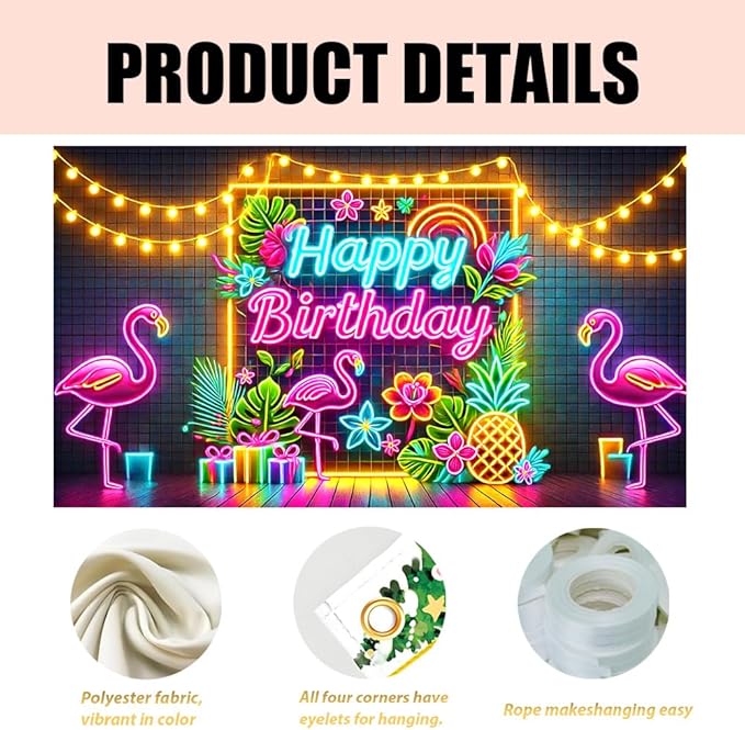 71x43 Inch Birthday Party Banner with Neon Happy Birthday Flamingos Tropical Flowers Pineapple Indoor Outdoor Wall Door Porch Decoration Backdrop Photo Prop
