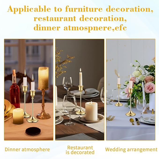 6 Pcs Gold Metal Taper Candle Holders Bulk, 9.1/7.5/6.3inch Candlestick Holders, 7cm Diameter Taper Candle Holder Bulk for Table Centerpieces Candlesticks for Ramadan Wedding Christmas Party