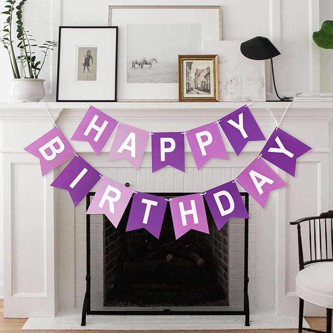 Happy Birthday Banner Birthday Party Banner NO DIY Happy Birthday Sign Pre-Strung Birthday Hanging Decoration for Women Men Girl Boy Party Supplies (Purple)