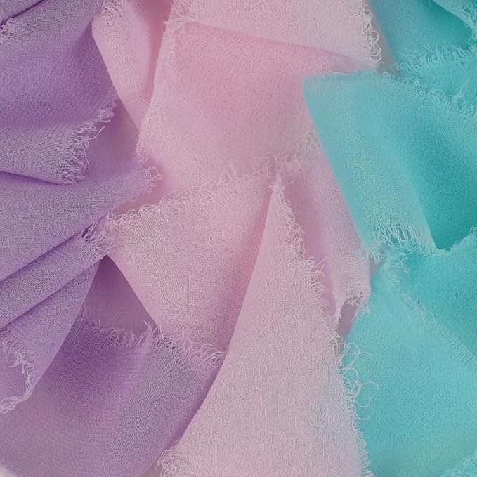 Chiffon Ribbon, Pink Purple Teal Silk Mermaid Ribbon, Mermaid Party Decoration, 1-1/2''x21Yd Handmade Frayed Fringe Ribbon for Gift Wrapping, Floral Vase, Craft, Birthday Party, 3 Rolls