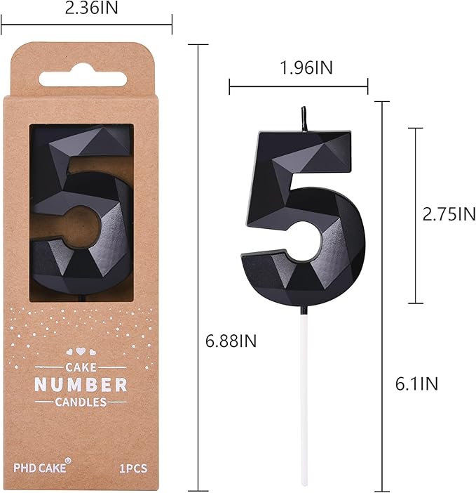 PHD CAKE 2.76 Inch Crystal Black 5 Number Birthday Candles, Black Number Candles, Cake Number Candles, Party Celebration
