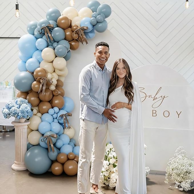 Dusty Blue and Brown Balloon Arch Kit, 151Pcs Bear Baby Shower Decorations Macaron Blue Brown Balloons with Bows for Gender Reveal Baby Shower Birthday Decorations