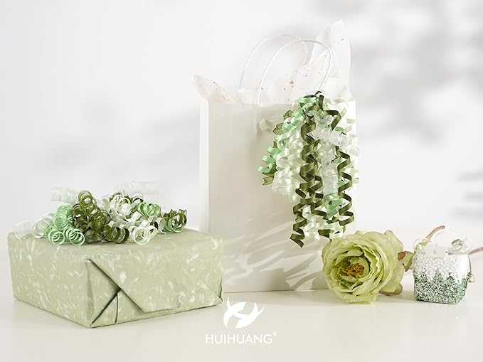 HUIHUANG Curly Bows for Gift Wrapping 7 inch Sage Green/Moss/Ivory Gift Bow with Self Adhesive & Twist Tie Ribbon Bows for Presents, Gift Basket, Wedding Decor, Baby Shower- 6 Counts