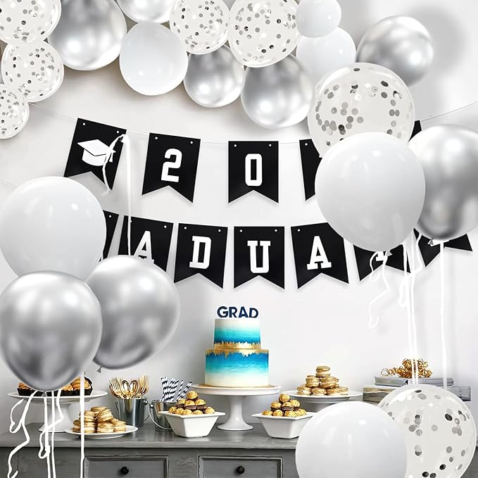 62pcs Party Decorations Balloons Kit - 12 Inches Silver White Confetti Party Balloons for Graduation Birthday Wedding Party Baby Shower Decoration Supplies