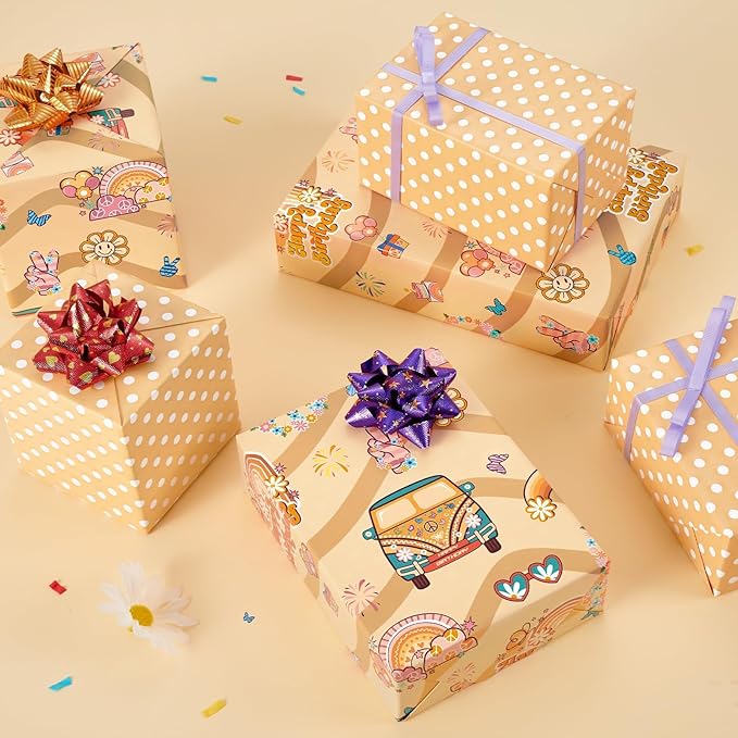 WERNNSAI Retro Hippie Wrapping Paper - 1 Roll 17” x 33 ft Boho Rainbow Daisy Wrapping Paper Groovy Brown Gift Packing Favor for Kids Birthday Vintage Theme Party Supplies Reversible Polka Dot Design