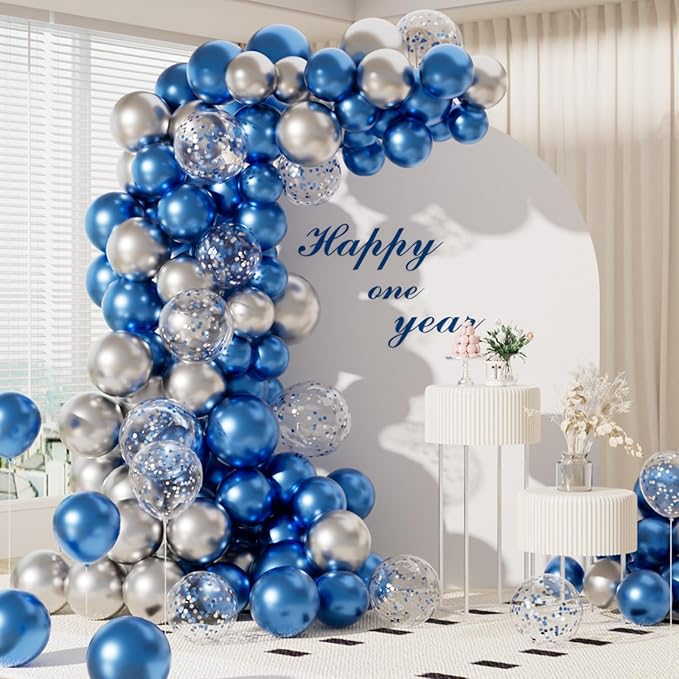 Metallic Shiny Blue and Silver Balloons 12 Inch 67PCS Silver Blue Confetti Balloons Latex Helium Balloon Set for Graduation Wedding Birthday Party Decorations