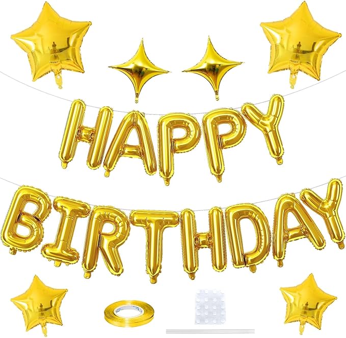 Gold Happy Birthday Balloon Banner, 16 Inch Mylar Foil Letter Balloons, Reusable Birthday Decorations with Gold Star Foil Balloons, Inflatable Party Supplies for Men Women Boys Girls Decorations