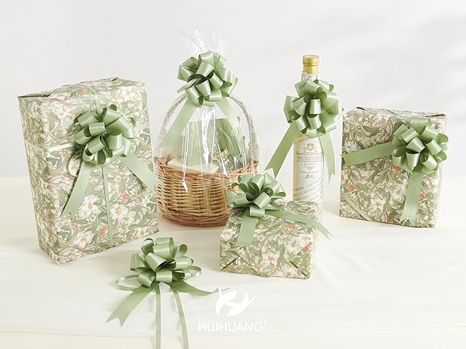 HUIHUANG Sage Green Bows for Gift Wrapping 12 PCS Satin Pull Bows 4" x 8" Dusty Sage Gift Bow for Presents, Gift Basket, Paper Bag, Wrapping Accessories, Bridal Shower Wedding Favors