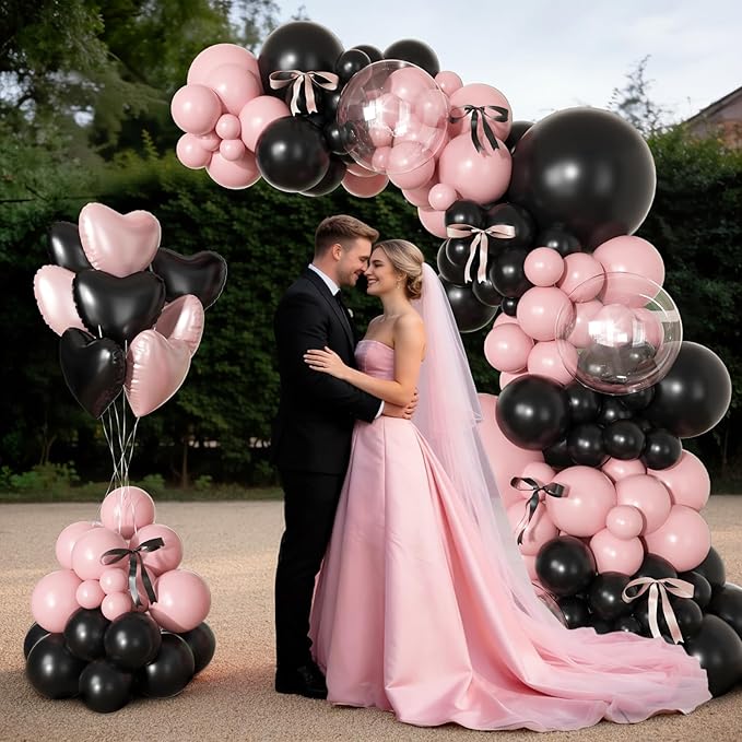 157Pcs Pink Black Balloon Garland Arch Kit, Baby Pink and Black Birthday Decorations with Bows Heart Foil Balloons for Girls Women Coquette Theme Birthday Wedding Bridal Baby Shower Party Decorations