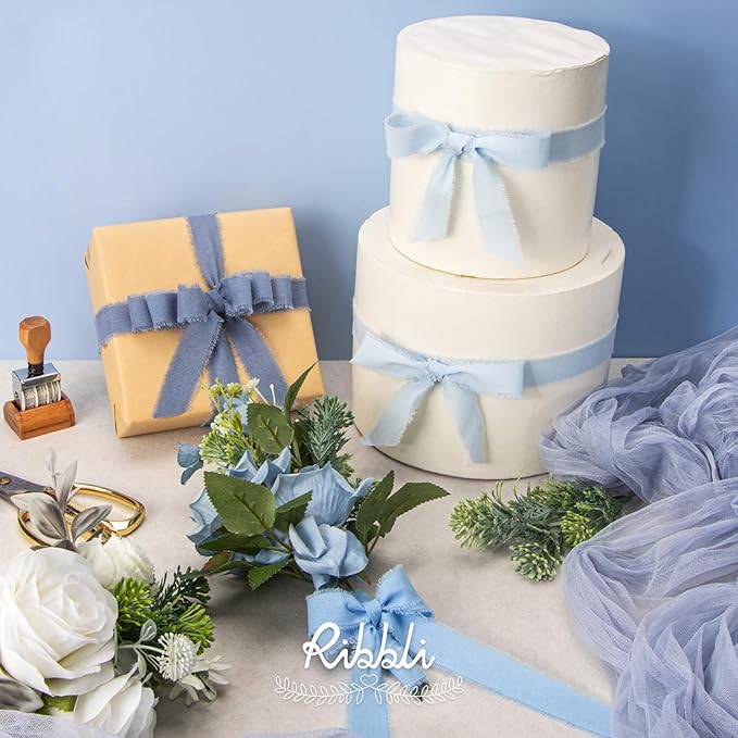 Ribbli 3 Rolls Blue Ribbon 1 Inch x 18 Yards Light Blue Baby Blue Dusty Blue Handmade Cotton Frayed Fringe Ribbons for Gift Wrapping Wedding Invites Bridal Bouquets Baby Shower DIY Crafts Home Decor