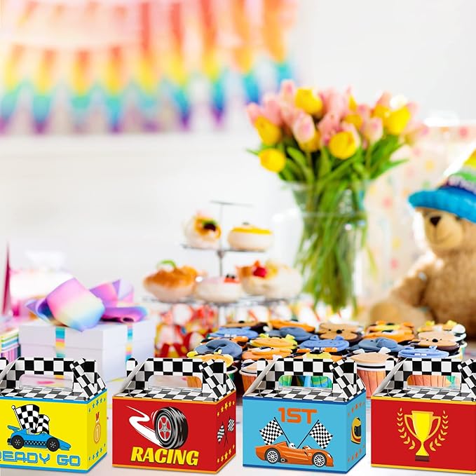 Tevxj 12 Pieces Race Car Party Favor Boxes Two Fast Goodies Candy Treat Bags Race Car Birthday Party Favors Checkered Gift Bags for Boys Kids Let's Go Racing Themed Supplies Box 6 x 3 x 3.5 Inches