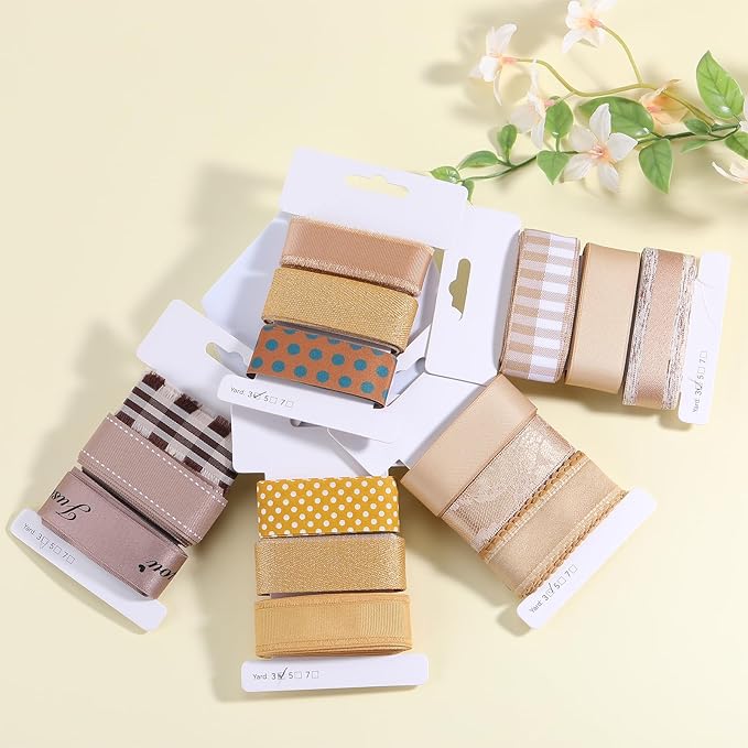 BEEFLYING 3 Styles Ginger Wire Edged Ribbons for Gift Wrapping, 25~28mm×2.7m Fabric Ribbons for Wedding Party Decoration Hair Bows Flower Designs Sewing and Craft, 9 Yards