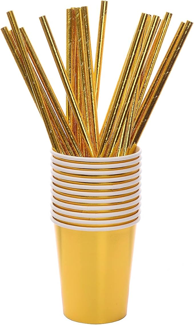 200pcs Solid Gold Party Supplies - Gold Paper Plates & Napkins, Silverware, Serves 25 Sets for Wedding, Bridal Shower, Engagement, Birthday Parties