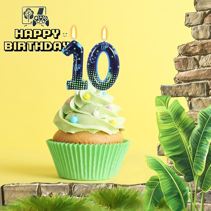 STG Birthday Candles for Boys - Number 10 Candle for Video Game Birthday Cake Topper, Fort Battle Level Up Sandbox Games 10th Birthday Party Supplies