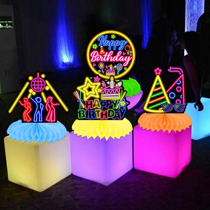 Glow Neon Honycomb Centerpieces 13Pcs Glow Birthday Party Decorations Neon Party Centerpieces for Table Neon Birthday Party Supplies Glow in The Dark Decoration Let's Glow Crazy Baby Shower Supplies