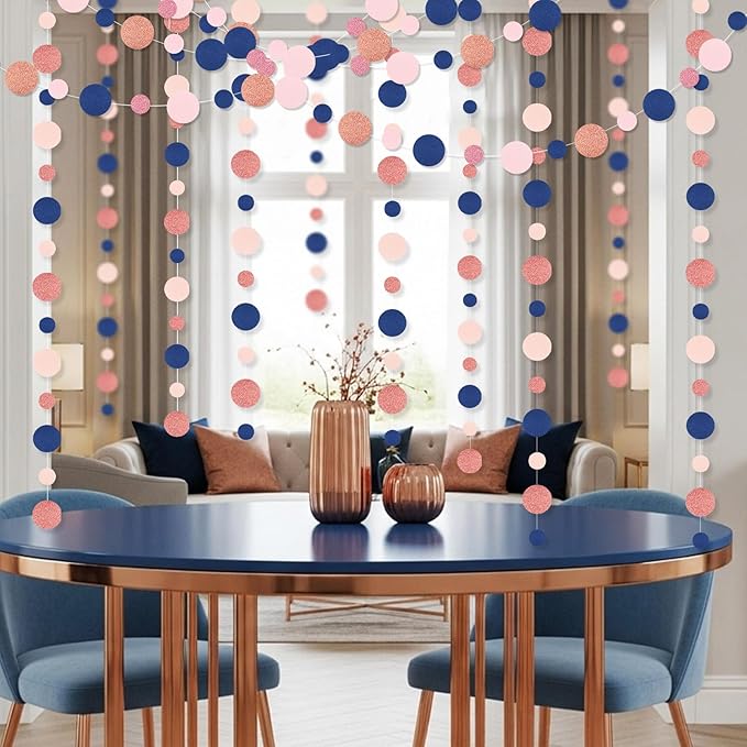 Outus 5 Pieces Blue,Pink,Rose Gold Round Dots Garland Graduation Party Hanging Decor Each Length 13.1ft Glitter Paper Dot Streamers for Birthday Wedding Classroom Supplies